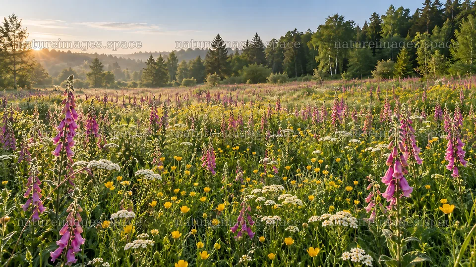 Wildflower Meadow at Sunrise beside a Forest – nature images 10324x5812
