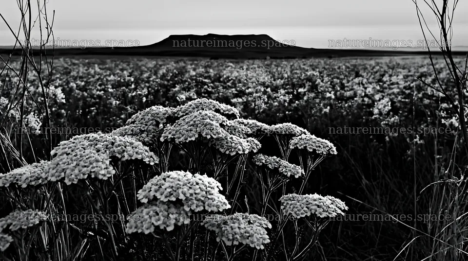 Yarrow meadow bloom with distant hill at dusk – nature images 10608x5938