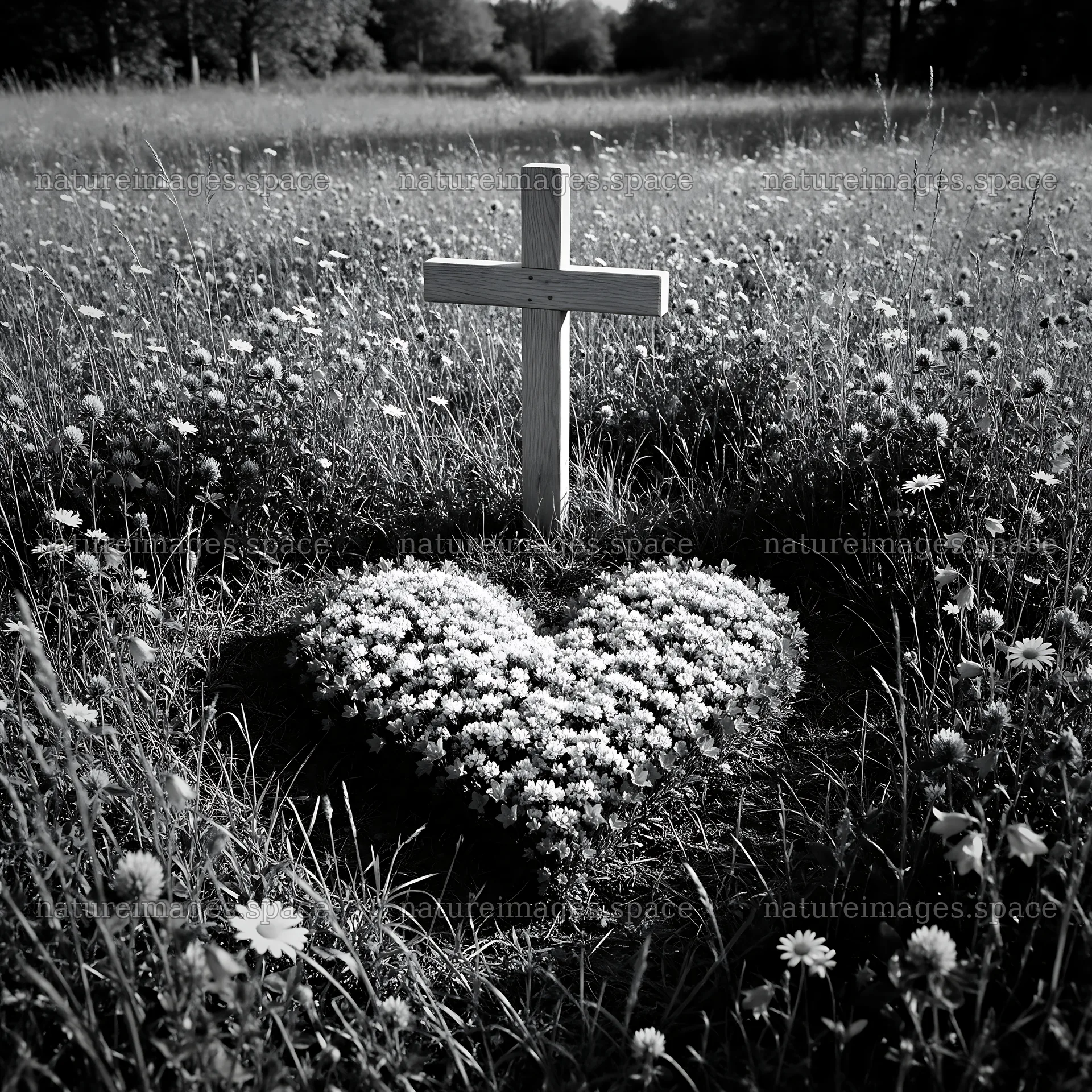Rustic Christian cross in meadow with heart-shaped flowers – nature images 7938x7938
