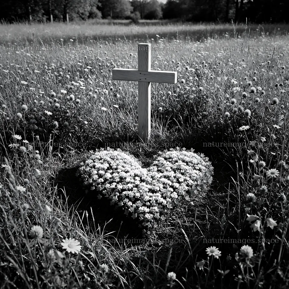 Rustic Christian cross in meadow with heart-shaped flowers – nature images 7938x7938