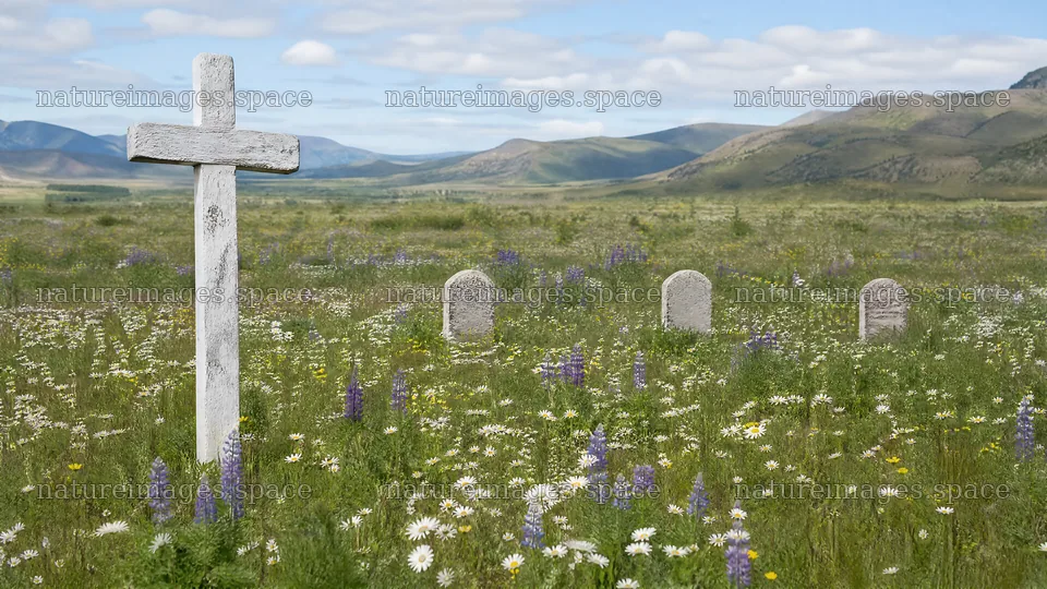 White Christian cross in wildflower meadow with headstones – nature images 10584x5952