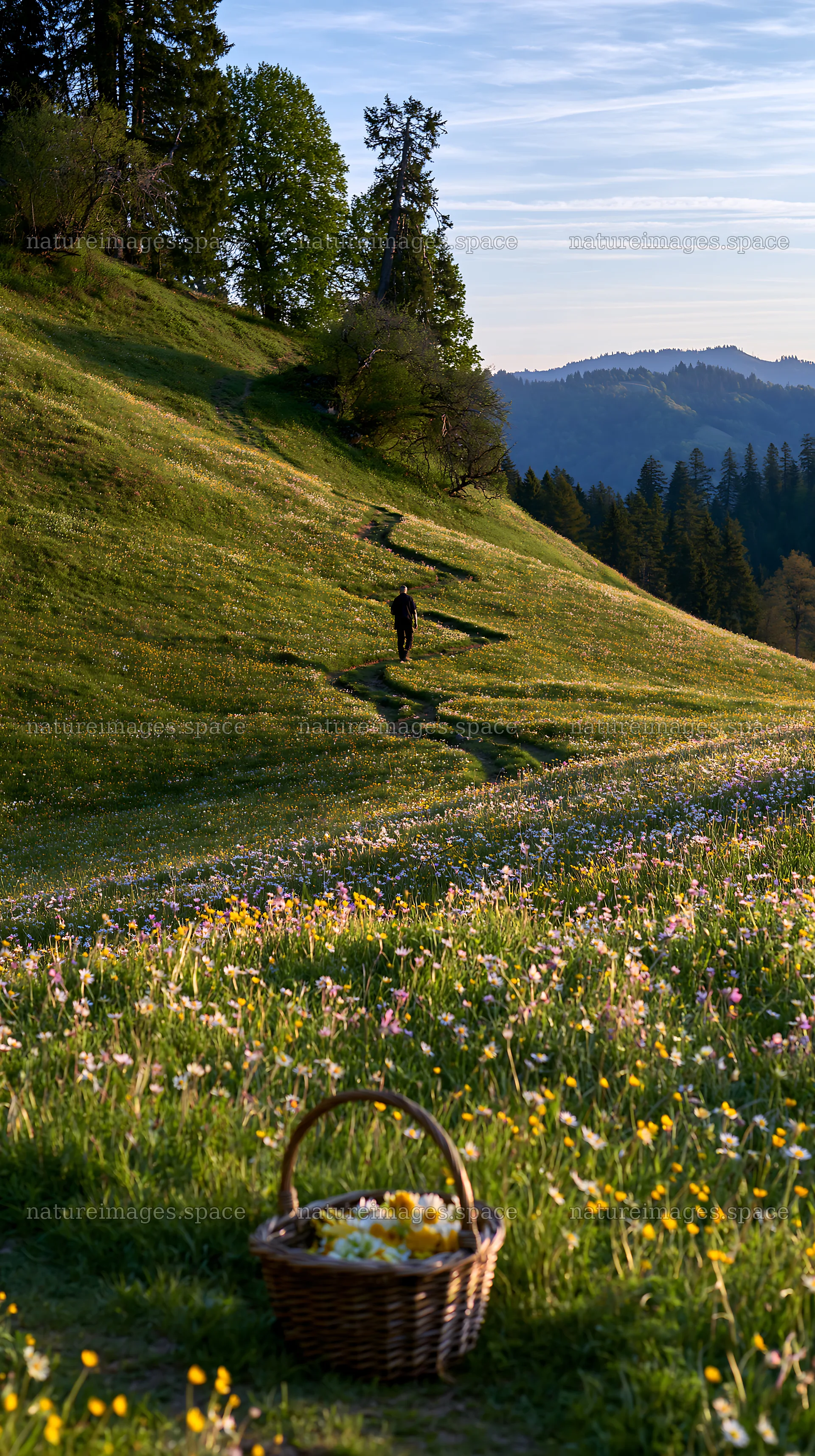 Easter basket in a flowering meadow with a person walking – nature images 5938x10608