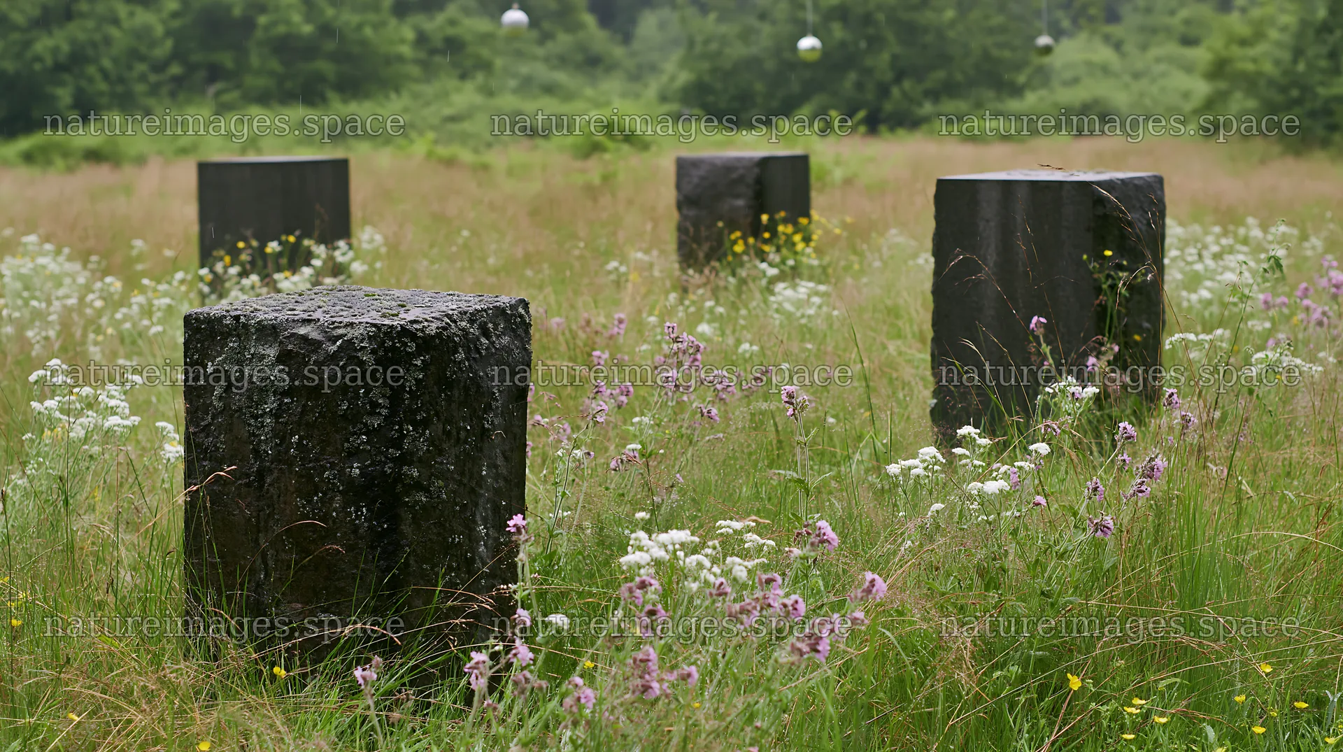 Christmas ornaments hung above stream in grassy meadow – nature images 10608x5938