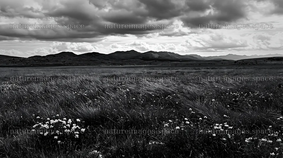 Cloudy dry limestone meadow with flowers and mountains in distance – nature images 10608x5938