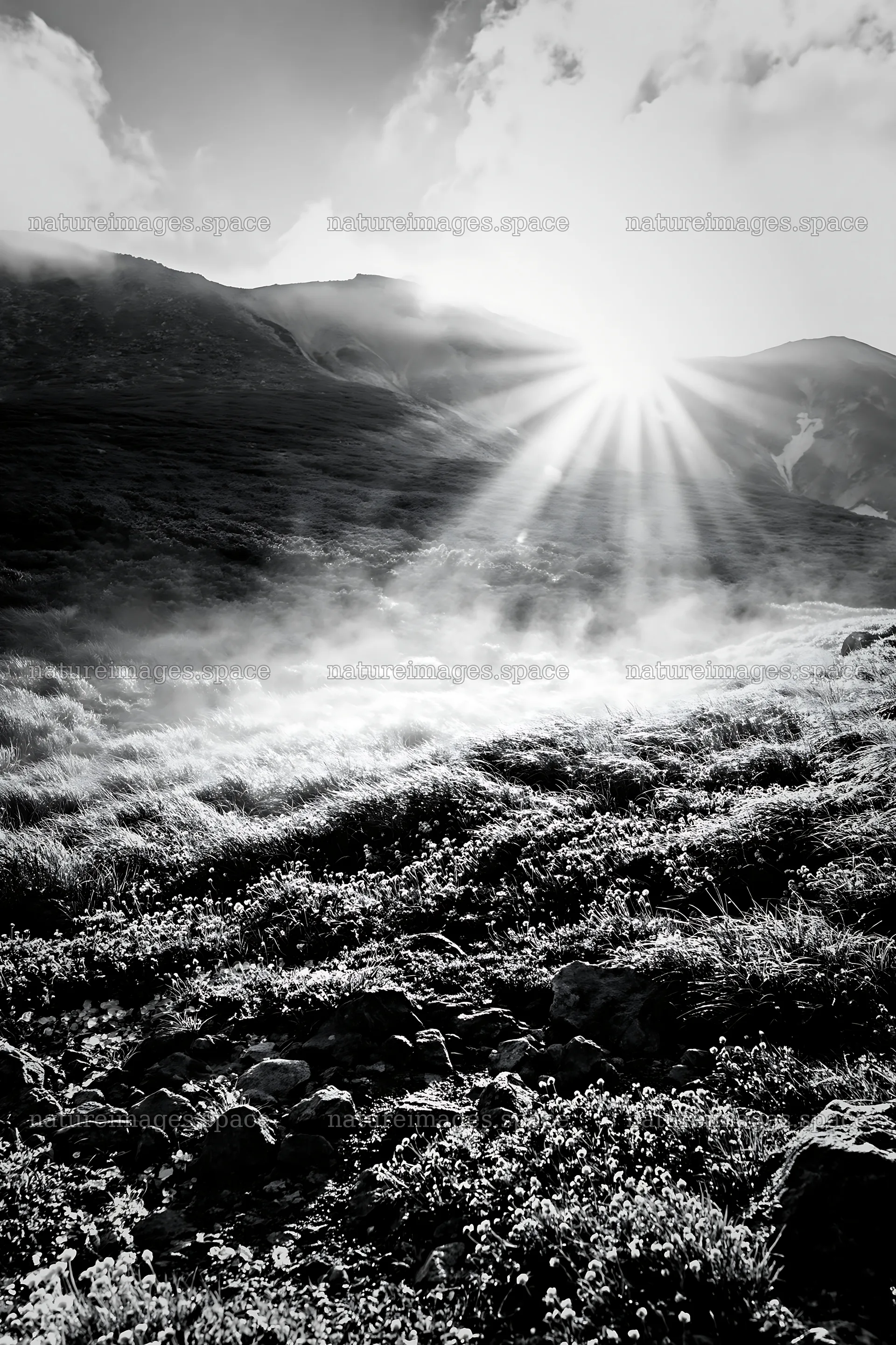 Daisetsuzan alpine meadow with light rays shining through clouds – nature images 6480x9722