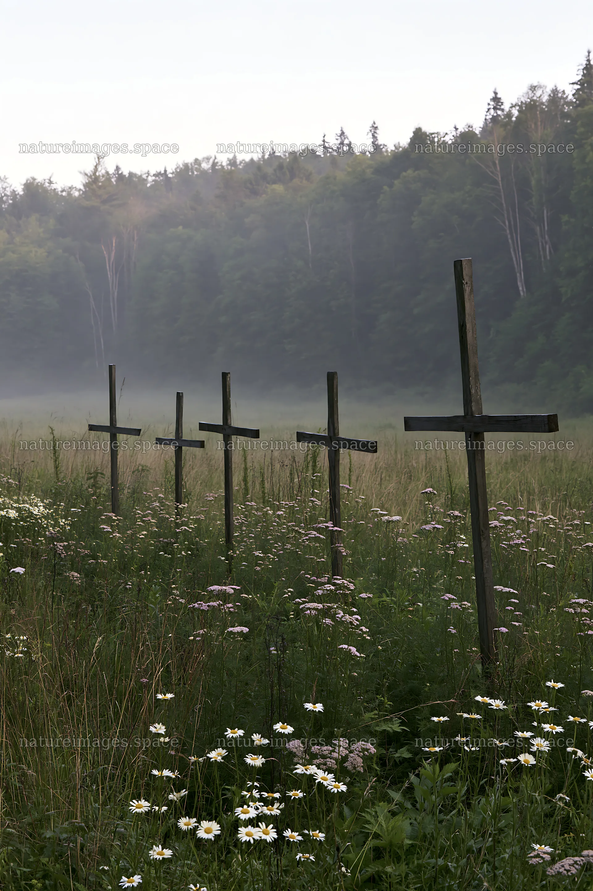 Christian crosses in meadow surrounded by wildflowers – nature images 6480x9722
