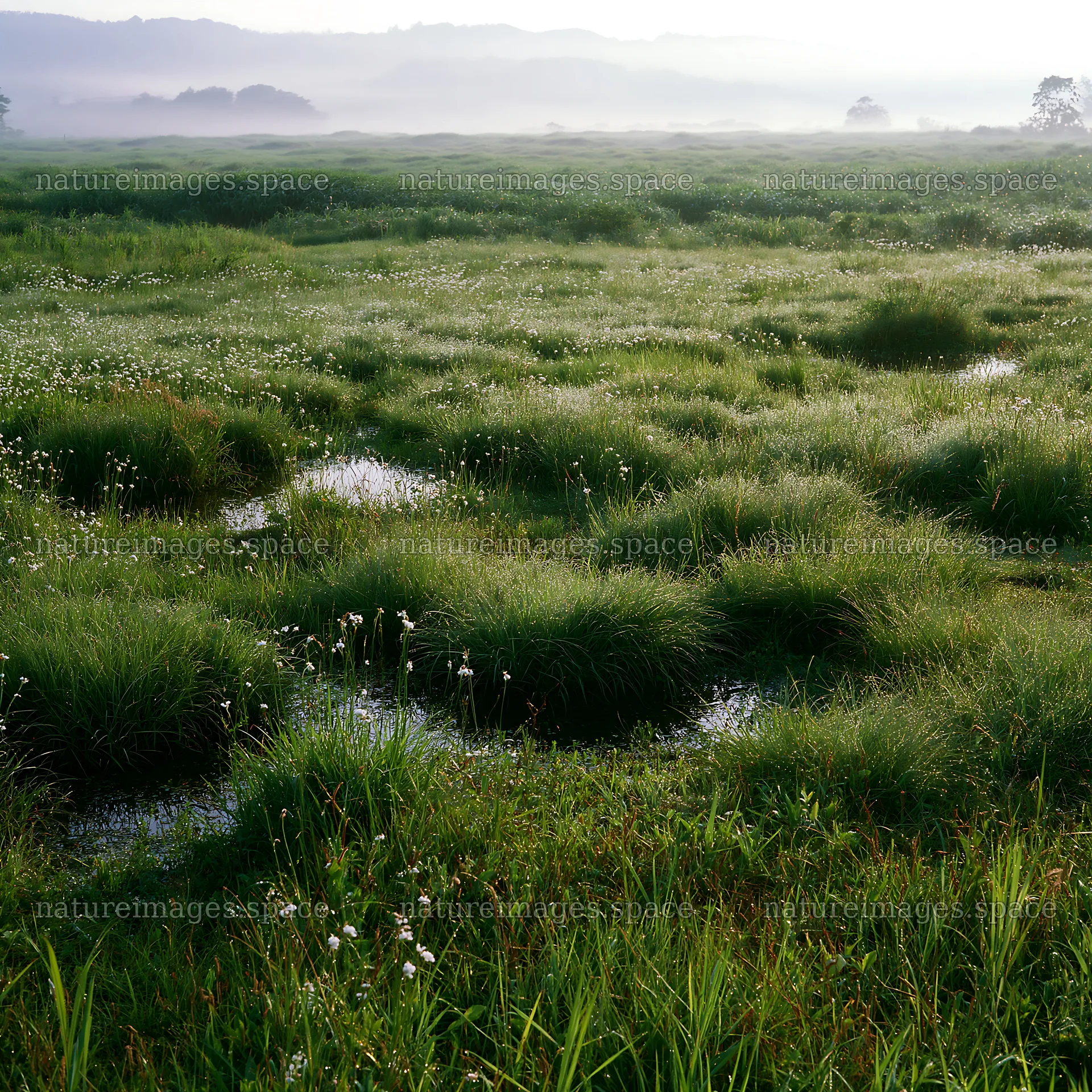 Meadow dew in Niigata floodplain restoration at dawn – nature images 7938x7938