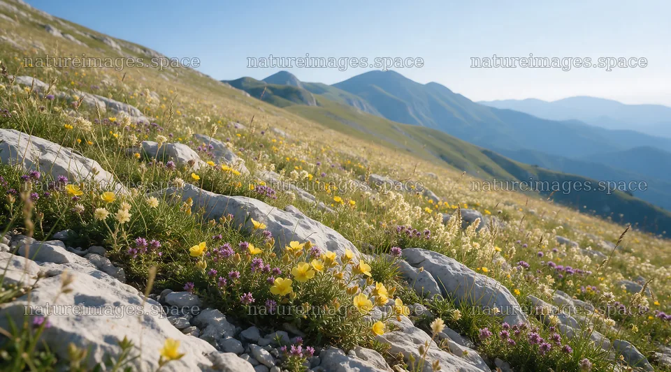 Sunny limestone meadow with distant mountains and wildflowers – nature images 10648x5916