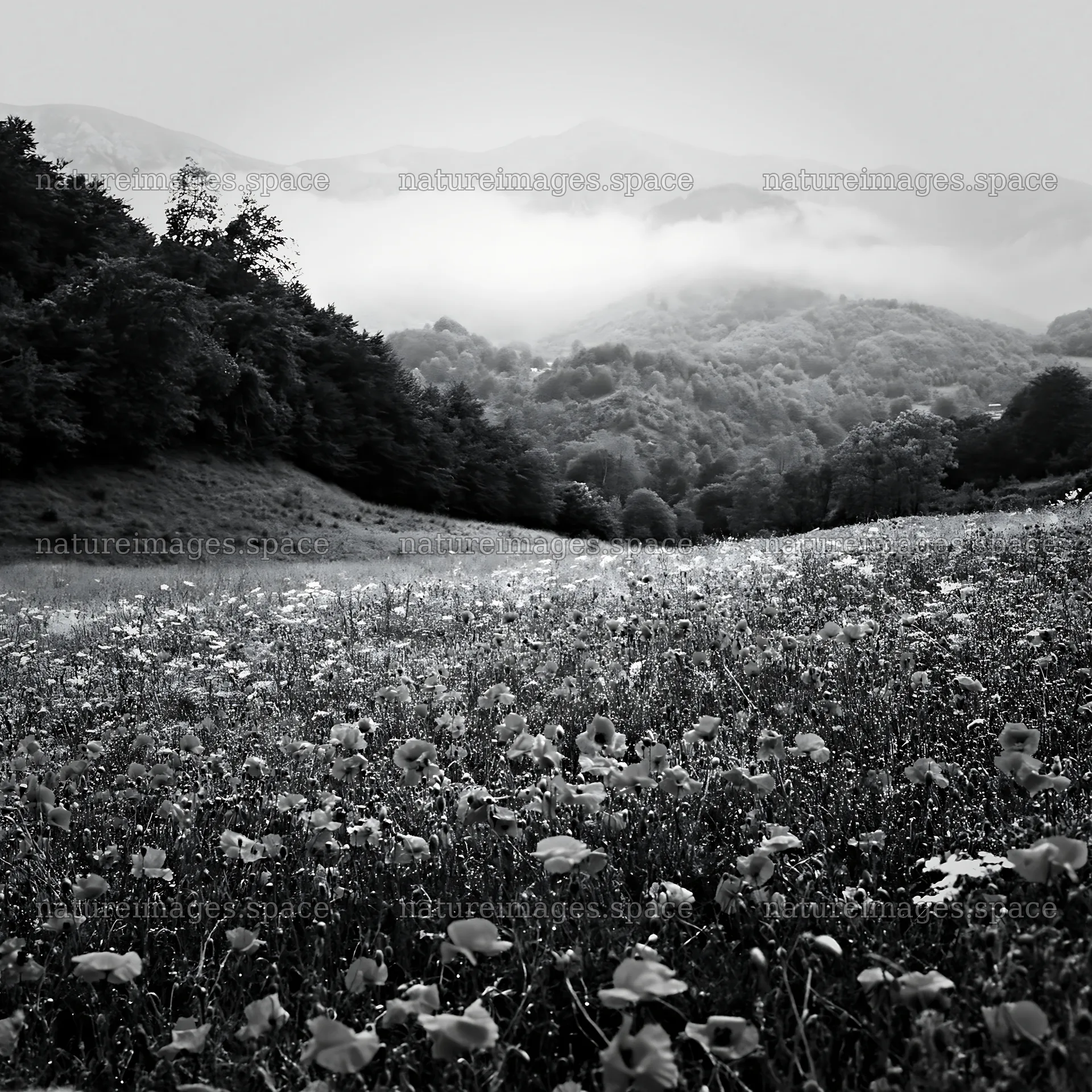 Poppy flax meadow with foggy mountains in the background – nature images 7938x7938
