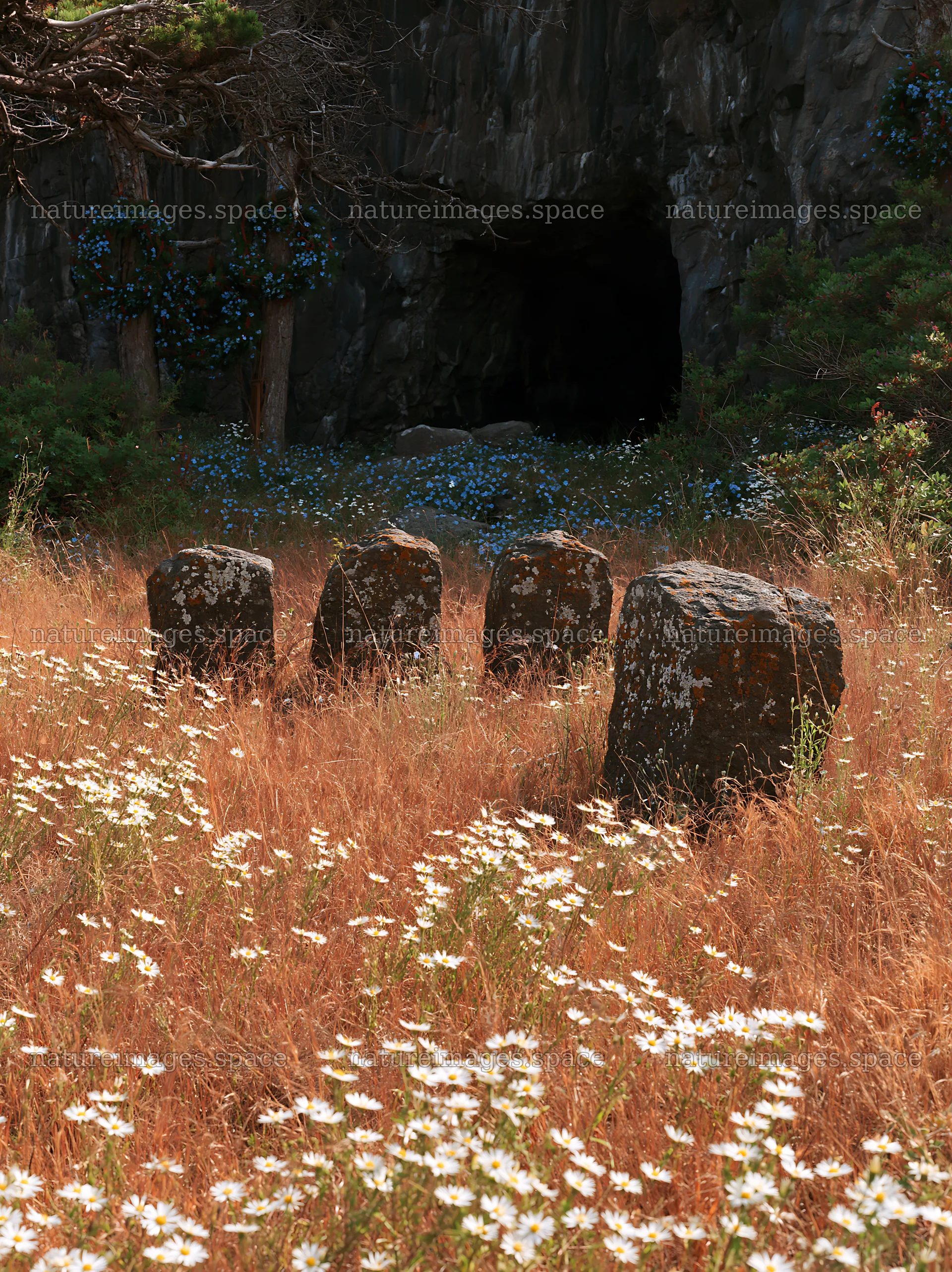 Christmas wreaths in meadow by cave – nature images 6866x9174