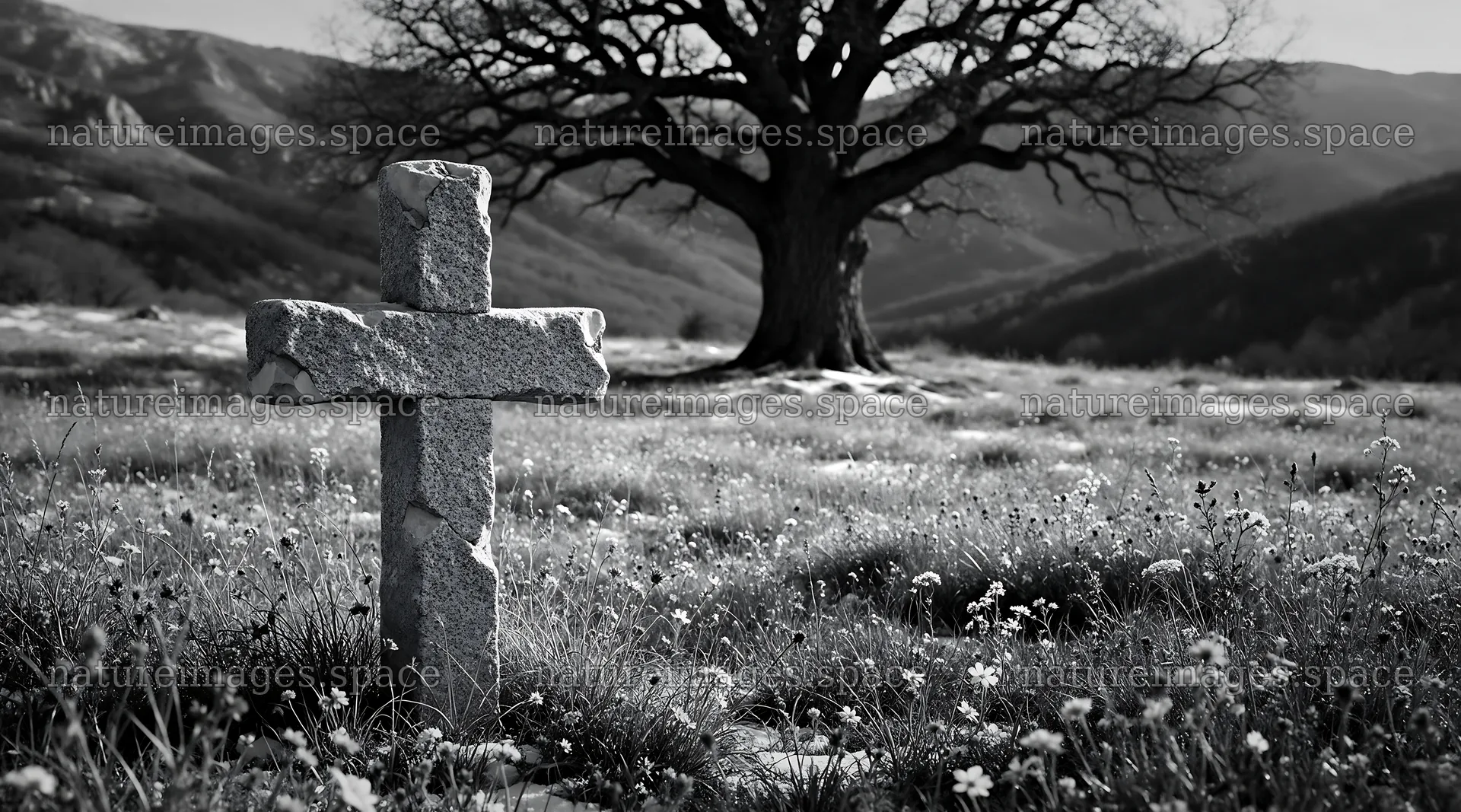 Christian cross in winter mountain meadow with tree – nature images 10648x5916