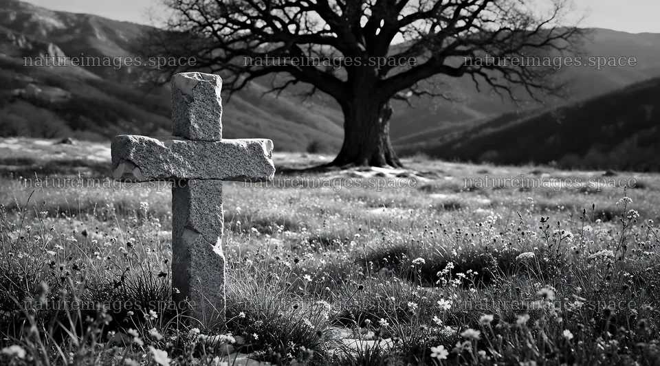 Christian cross in winter mountain meadow with tree – nature images 10648x5916