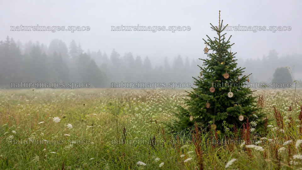 Vibrant Christmas tree in a misty meadow landscape – nature images 10584x5952