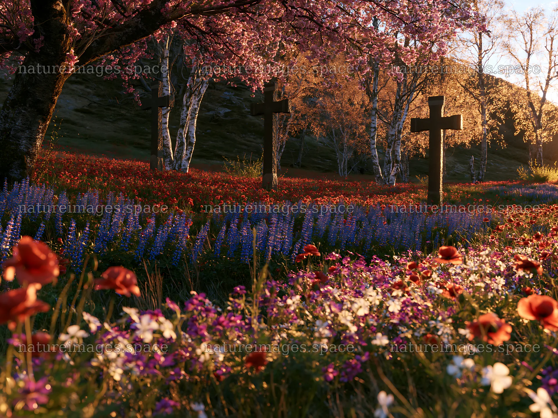 Three Christian crosses in a sunrise meadow with flowers – nature images 9174x6866
