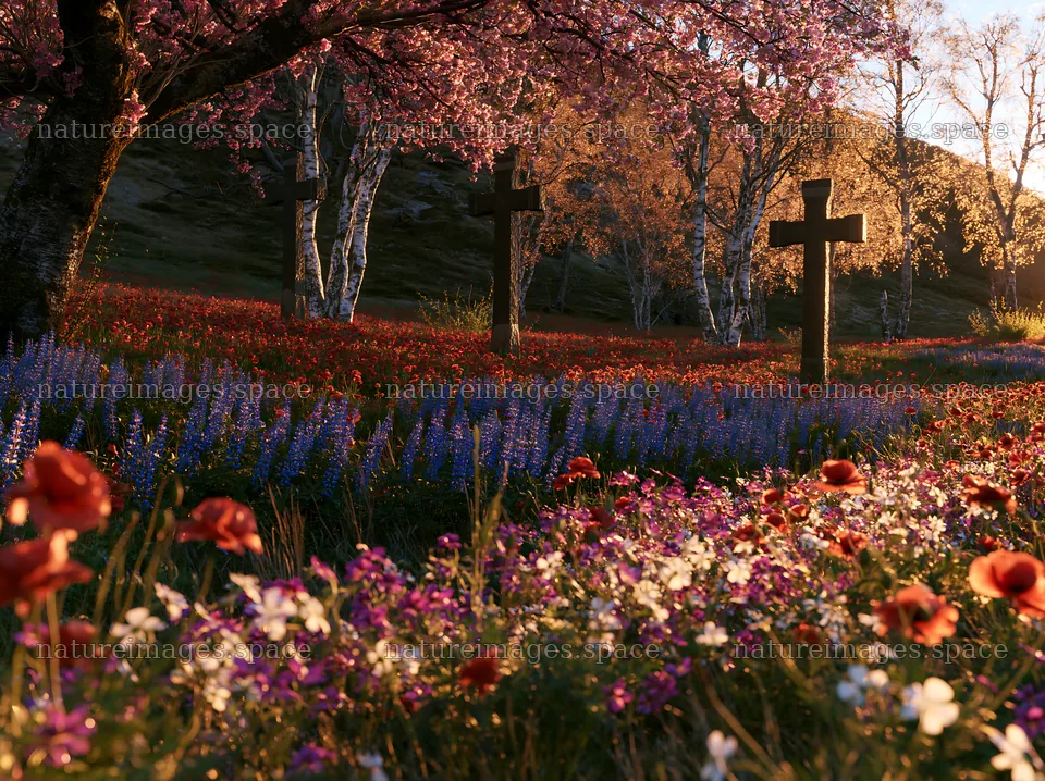 Three Christian crosses in a sunrise meadow with flowers – nature images 9174x6866