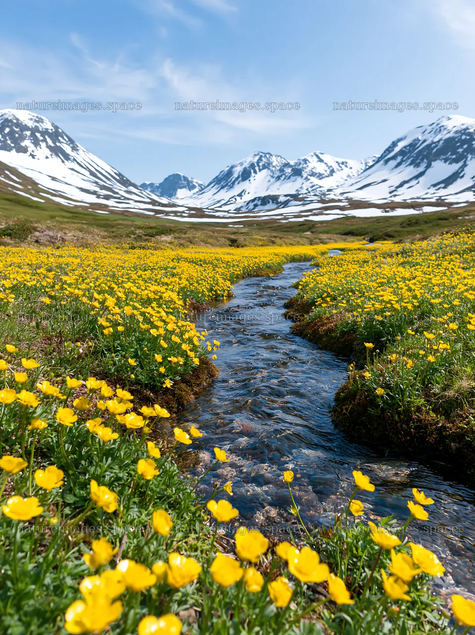 Colorful buttercup meadow with snow-capped mountains – nature images 6866x9174