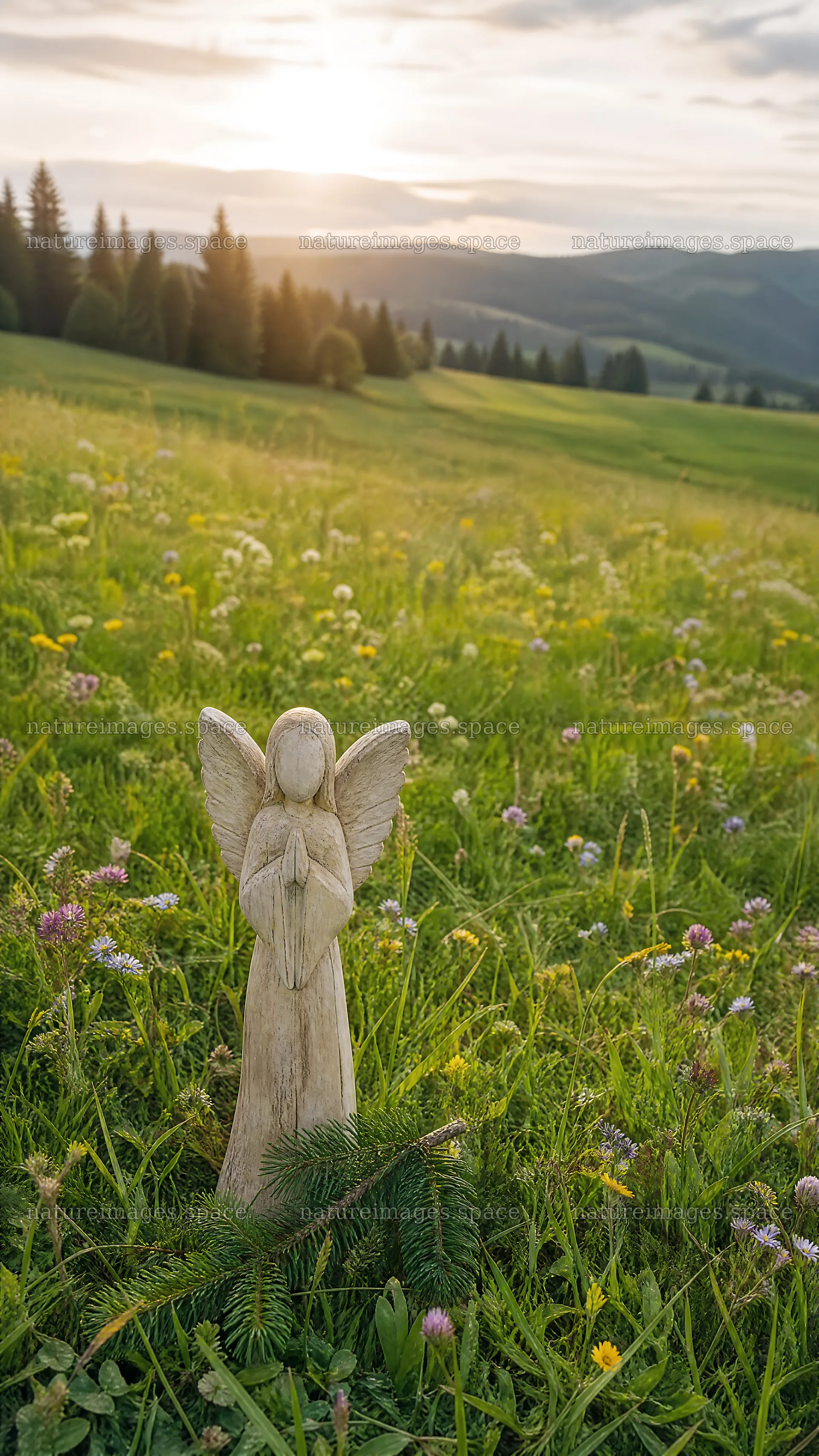 Wooden angel statue in a meadow during sunset – nature images 5952x10584