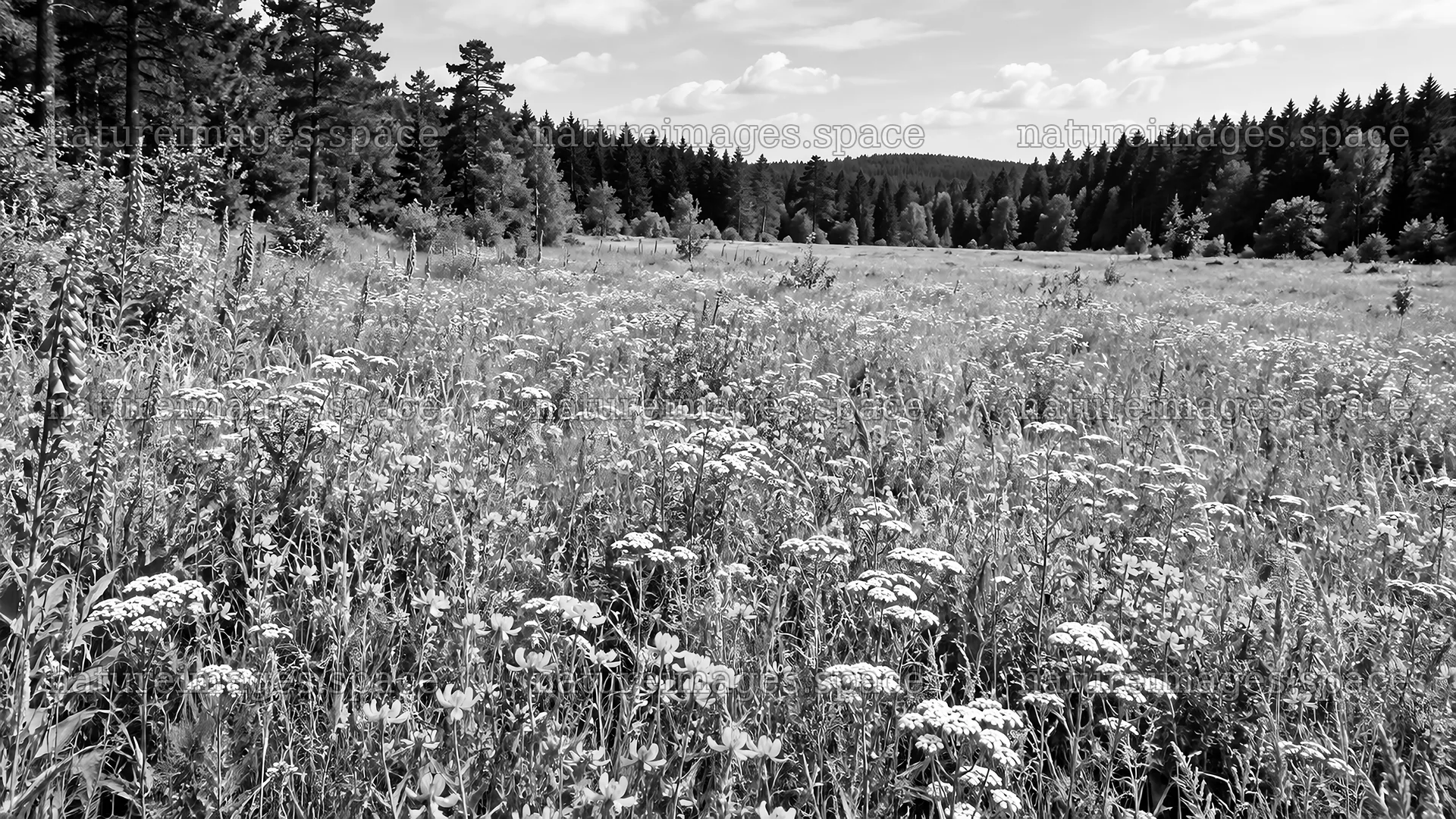 Black and White Woodland Clearing with Wildflowers – nature images 10324x5812