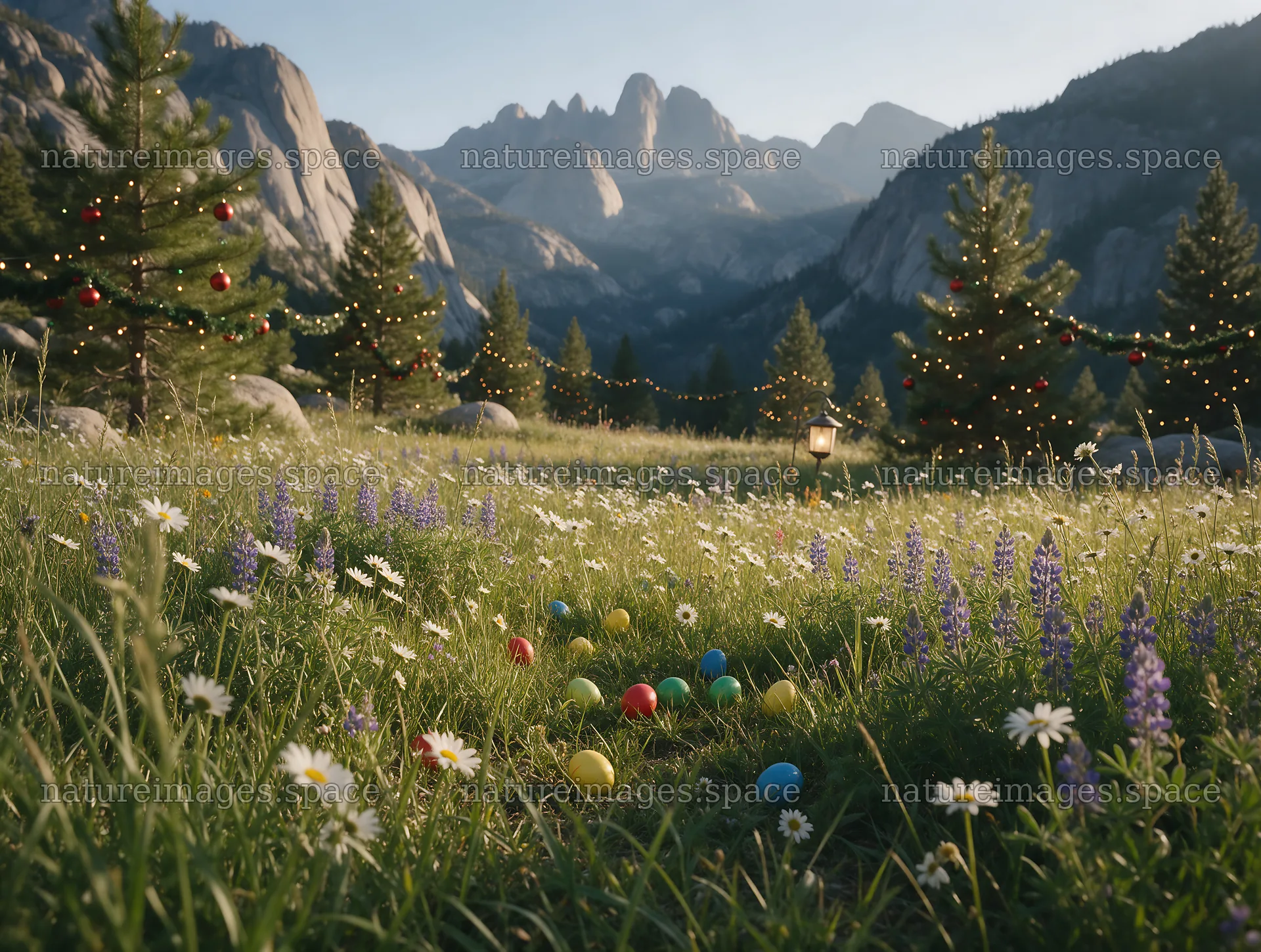Christmas lights in mountain valley meadow – nature images 9134x6898