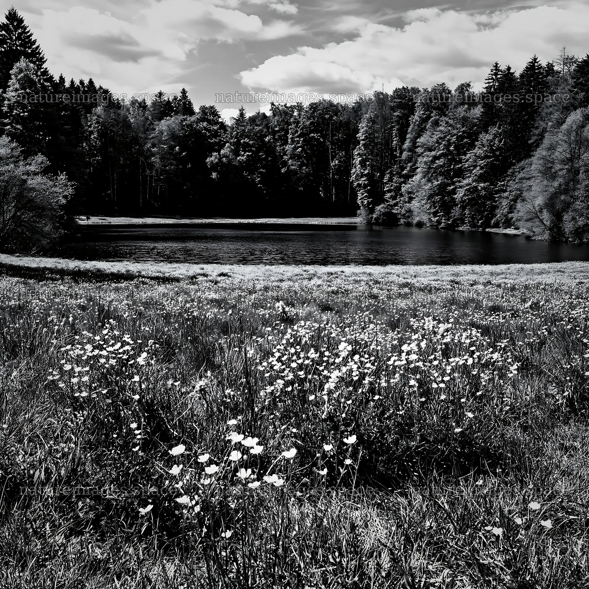Lakeside meadow with flowers near forest in Germany – nature images 7938x7938