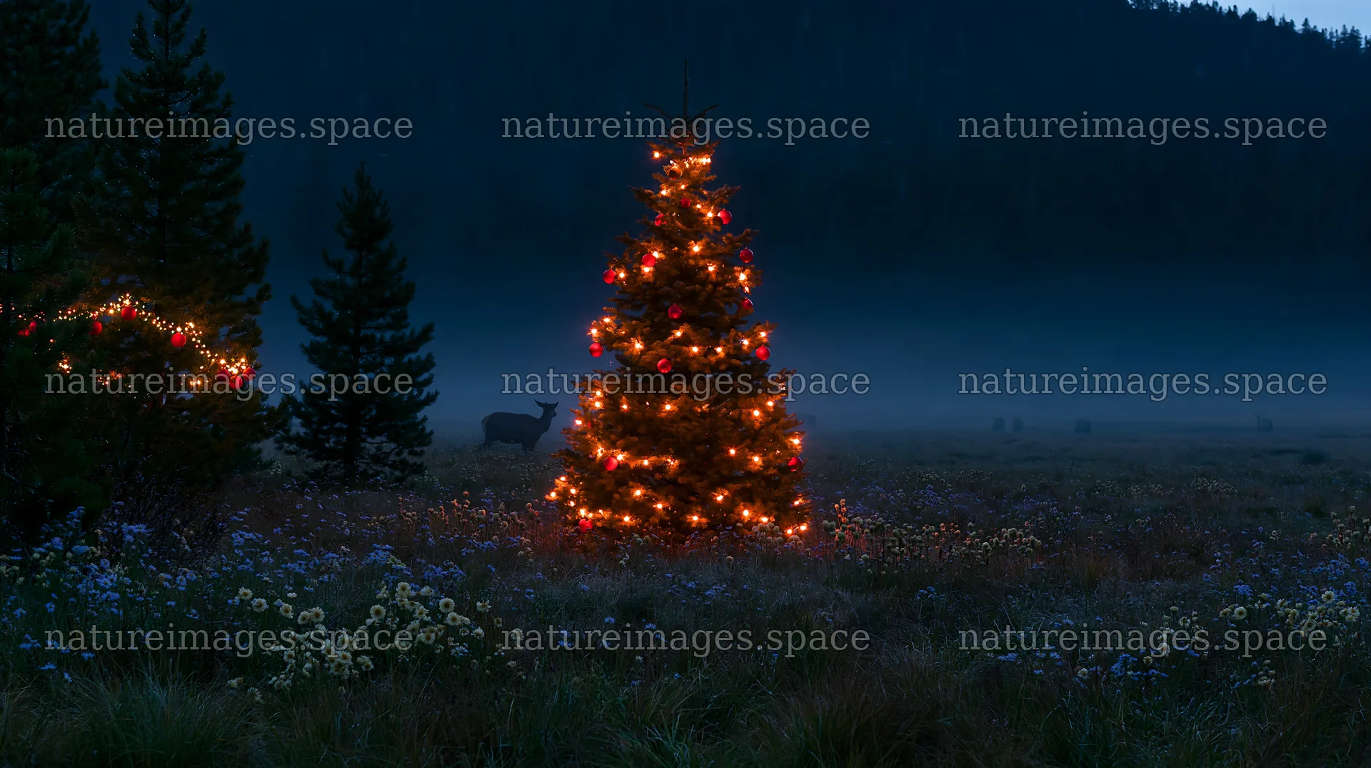 Christmas tree in mountain valley meadow with deer nearby – nature images 10608x5938