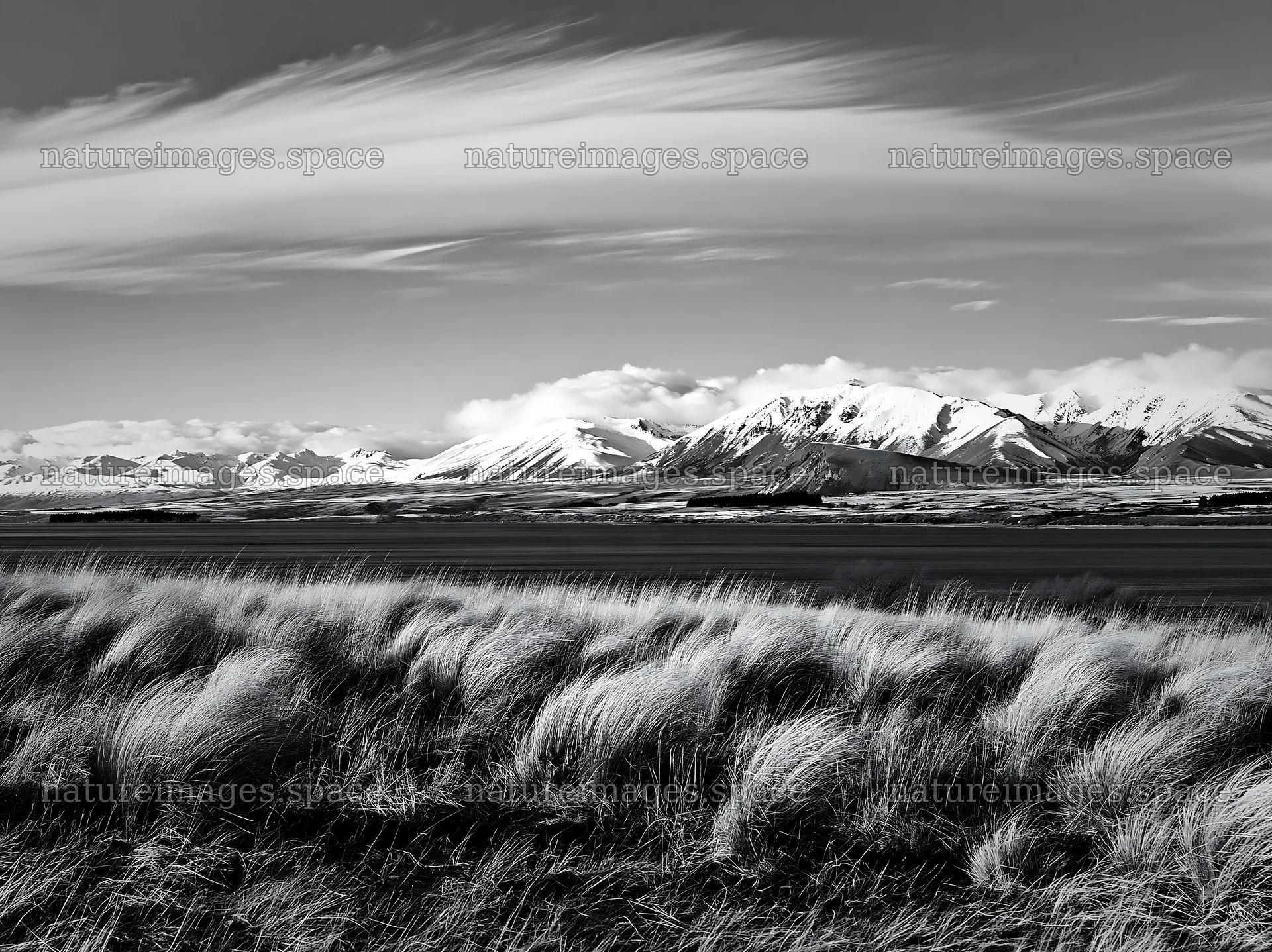 Landscape of Lake Tekapo with snowy alps and grassy meadow – nature images 9174x6866
