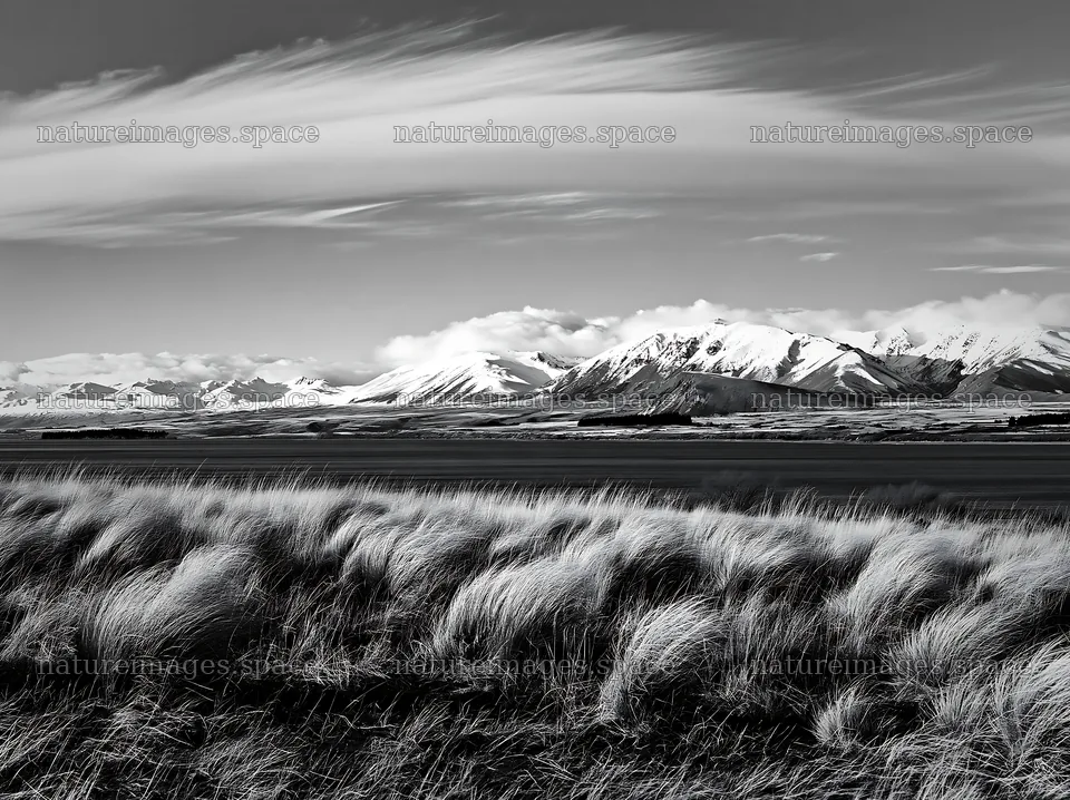 Landscape of Lake Tekapo with snowy alps and grassy meadow – nature images 9174x6866