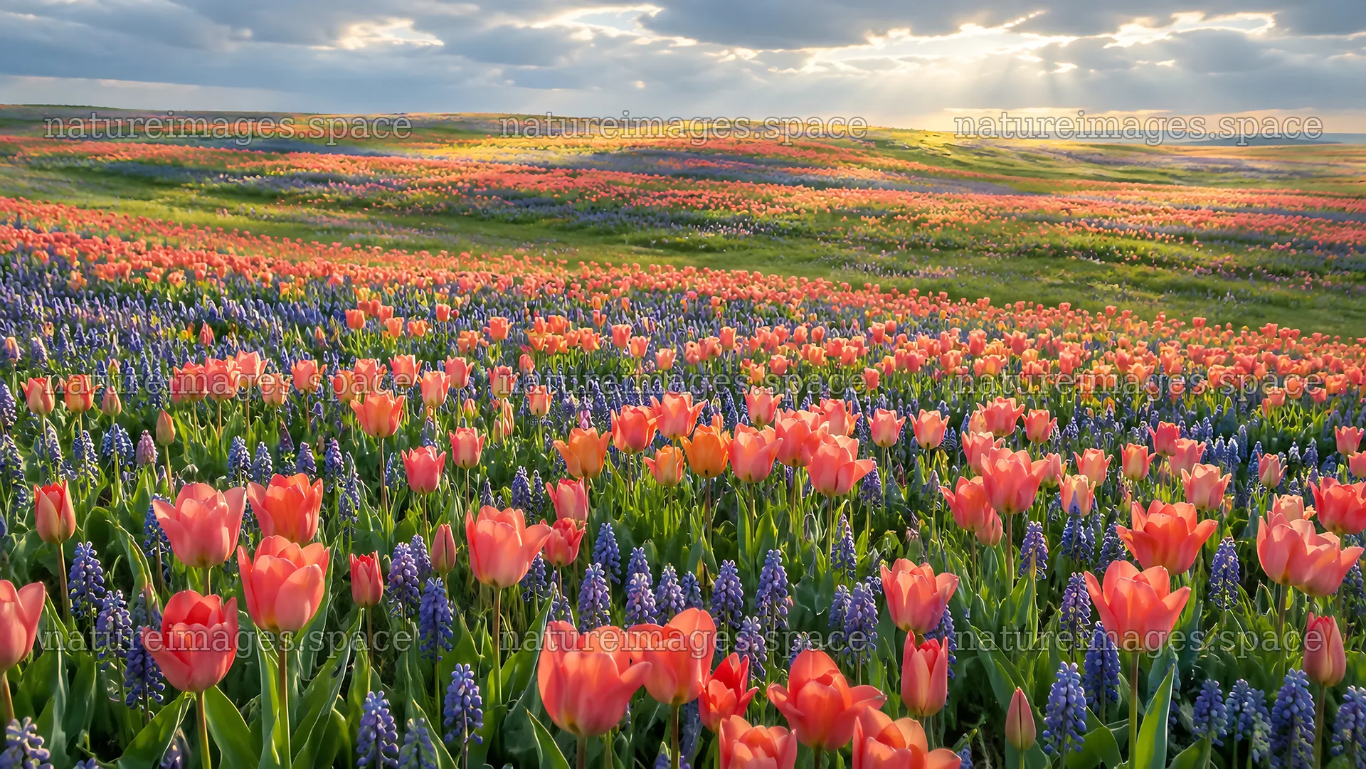 Spring Bulbs Across a Sunlit Flower Meadow – nature images 10324x5812