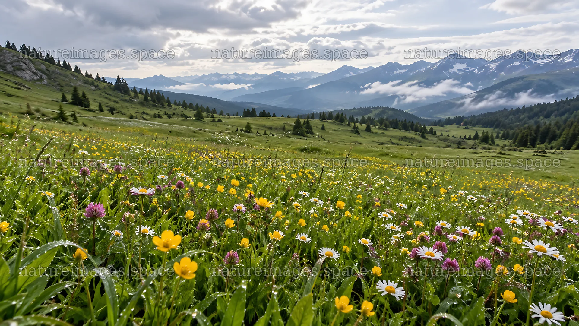 Wildflower Meadow Beneath Snowy Mountain Peaks – nature images 10324x5812