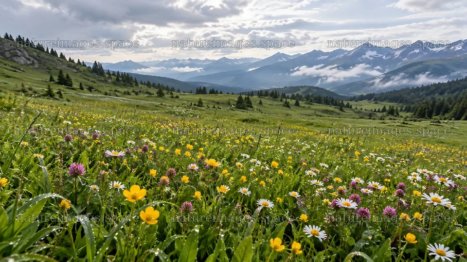 Wildflower Meadow Beneath Snowy Mountain Peaks – nature images 10324x5812