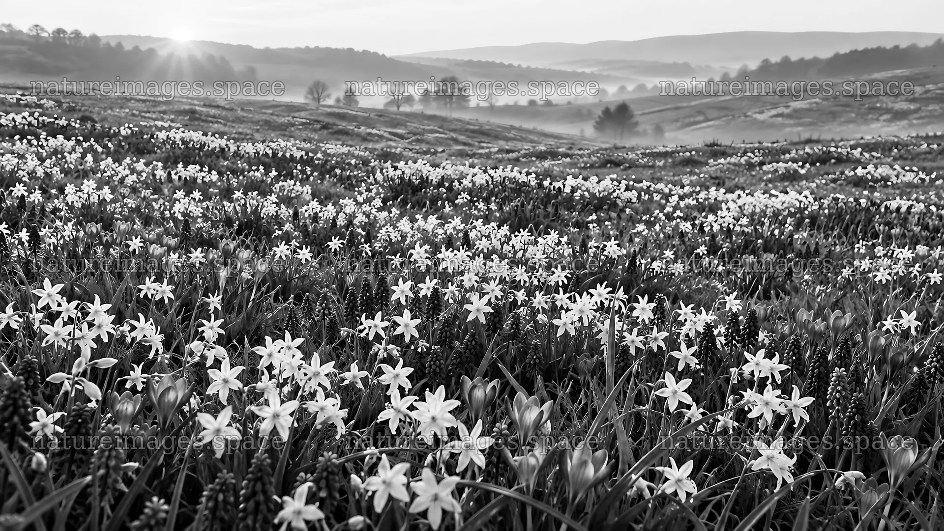 Spring Bulbs Across a Misty Hillside – nature images 10324x5812