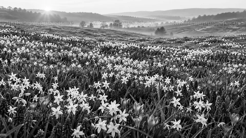 Spring Bulbs Across a Misty Hillside – nature images 10324x5812