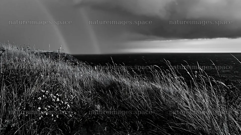 Clifftop meadow with dark clouds and rainbow over the sea – nature images 10608x5938