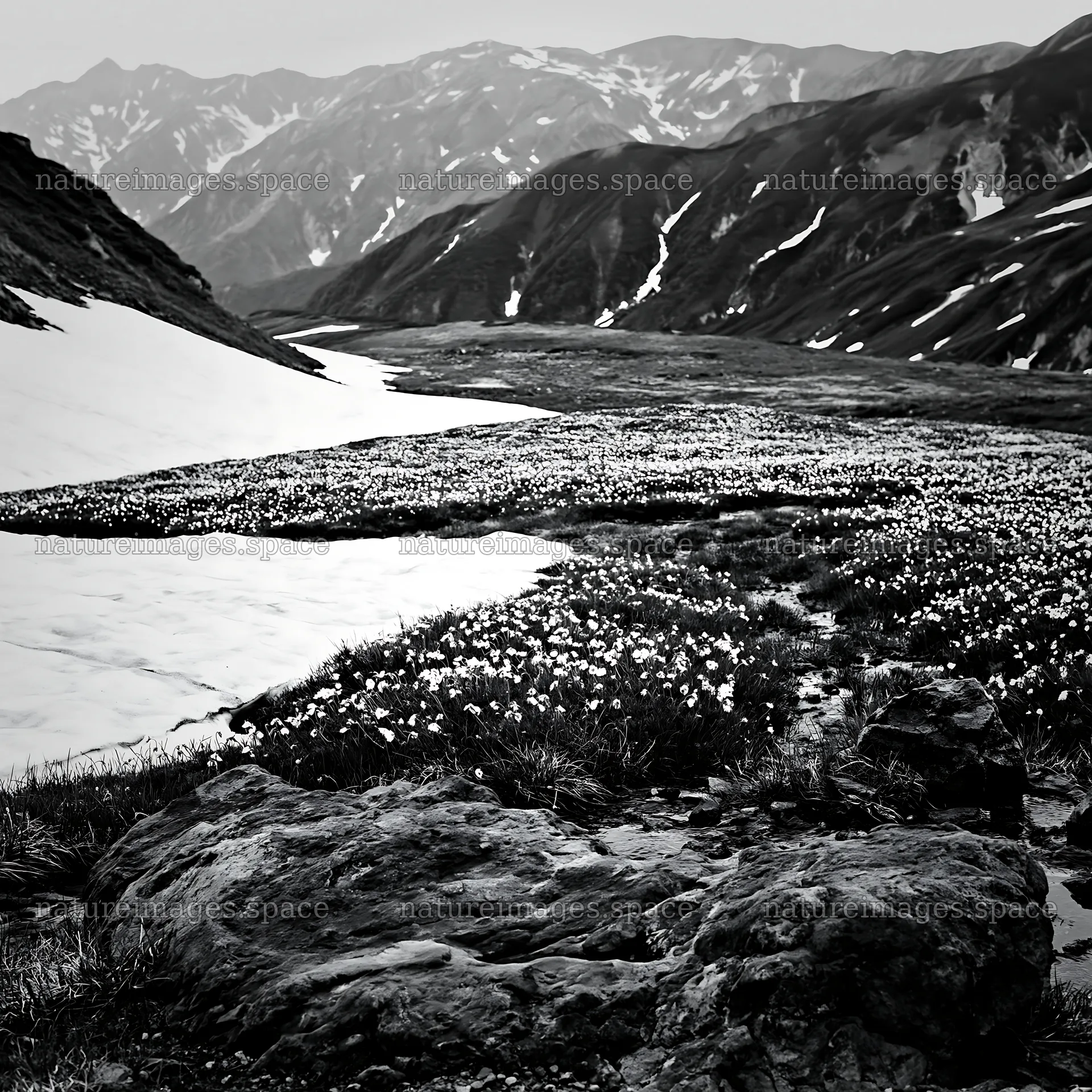 Toyama alpine meadow with snowmelt and rocky foreground – nature images 7938x7938