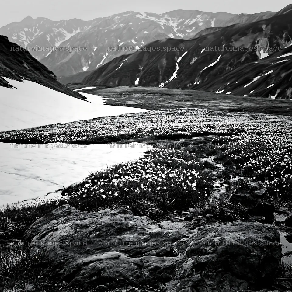Toyama alpine meadow with snowmelt and rocky foreground – nature images 7938x7938