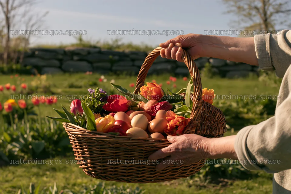 Easter basket filled with eggs and flowers in a meadow – nature images 9722x6480