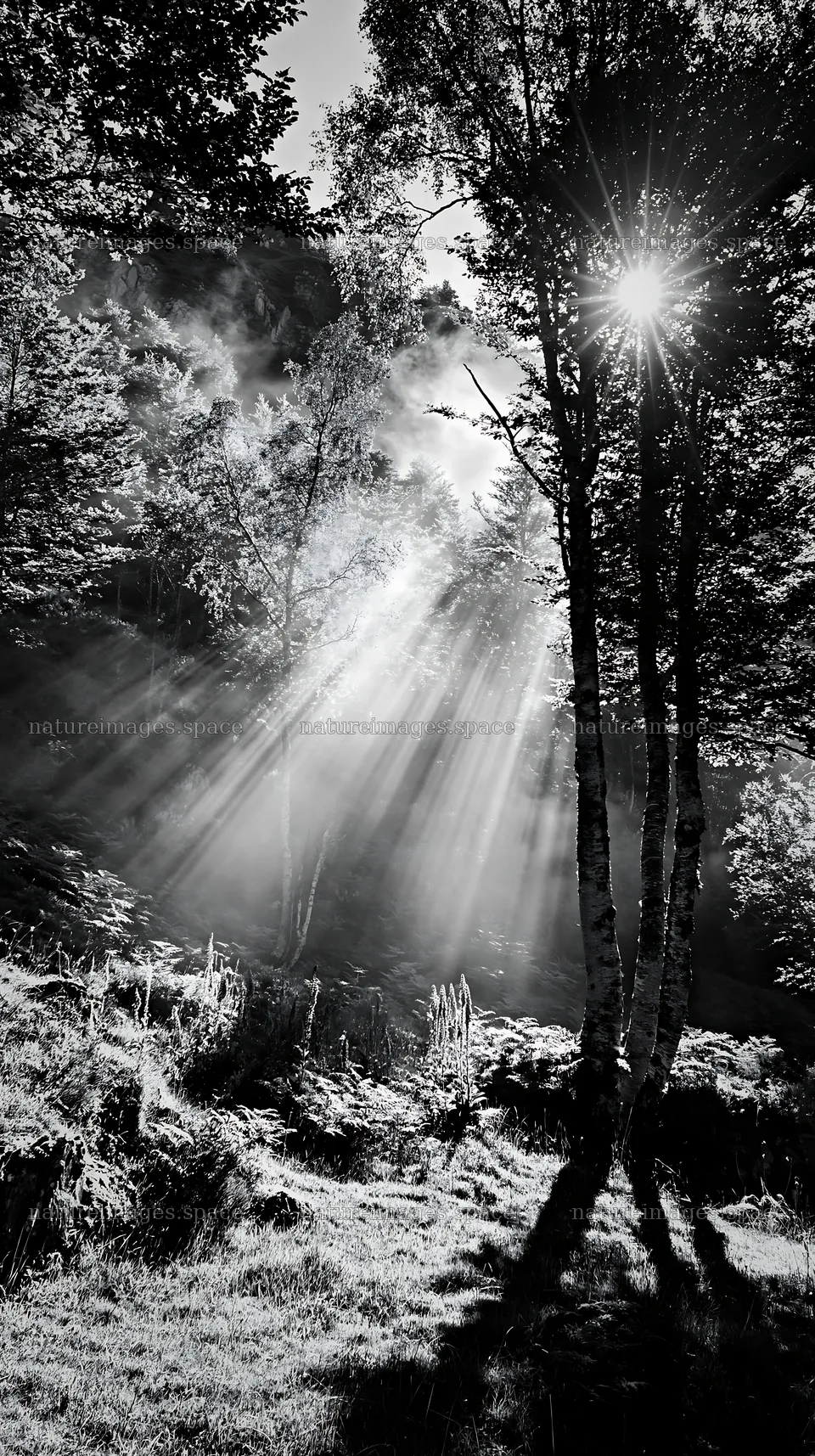 Sunrays shining through trees in Picos de Europa meadow – nature images 5938x10608