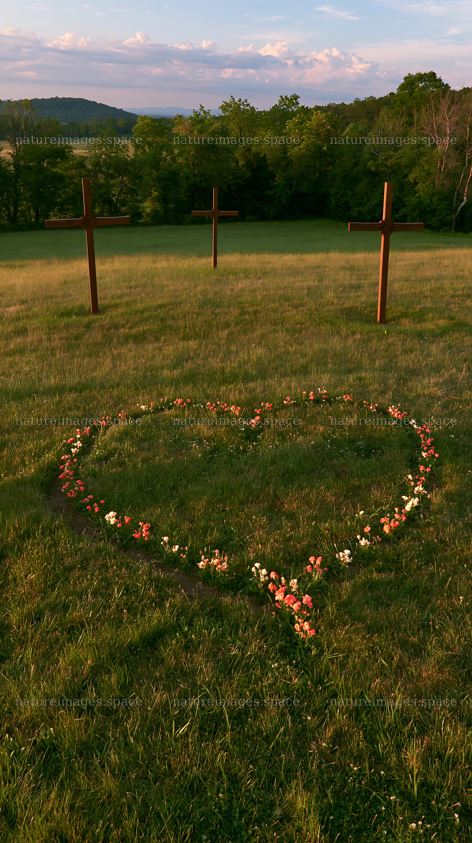 Three Christian crosses in meadow with flower arrangement – nature images 5938x10608