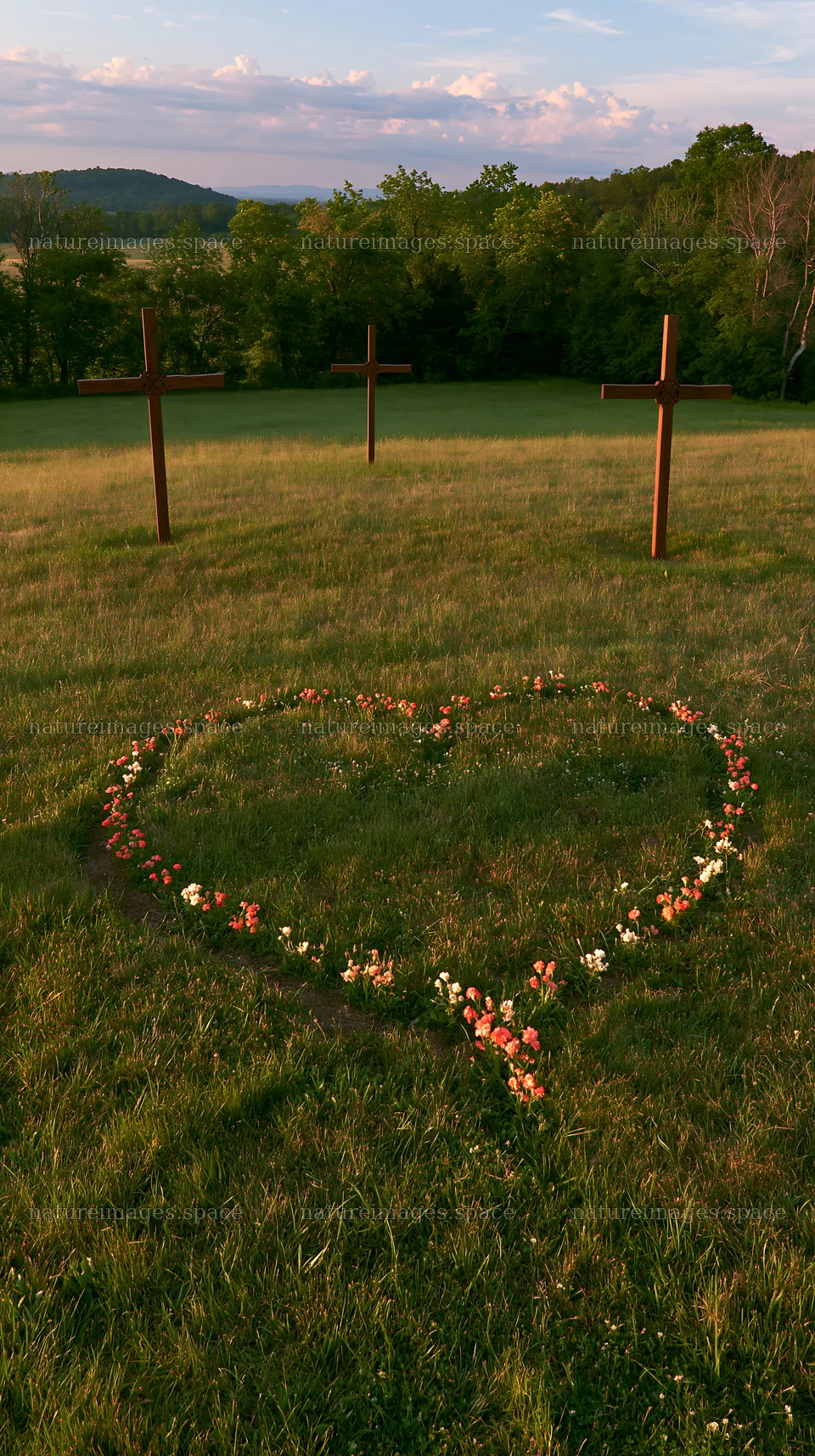 Three Christian crosses in meadow with flower arrangement – nature images 5938x10608