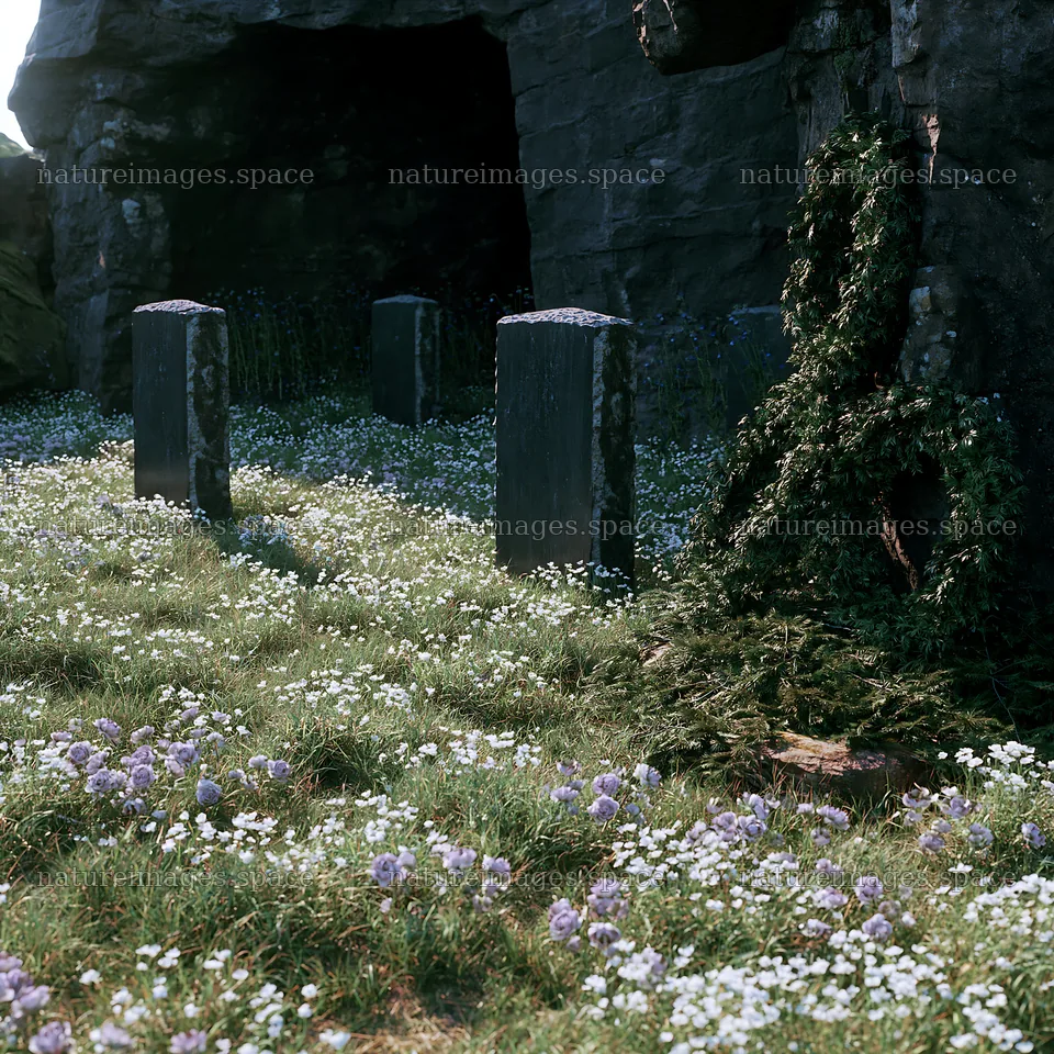 Christmas wreaths near cave in a meadow setting – nature images 7938x7938