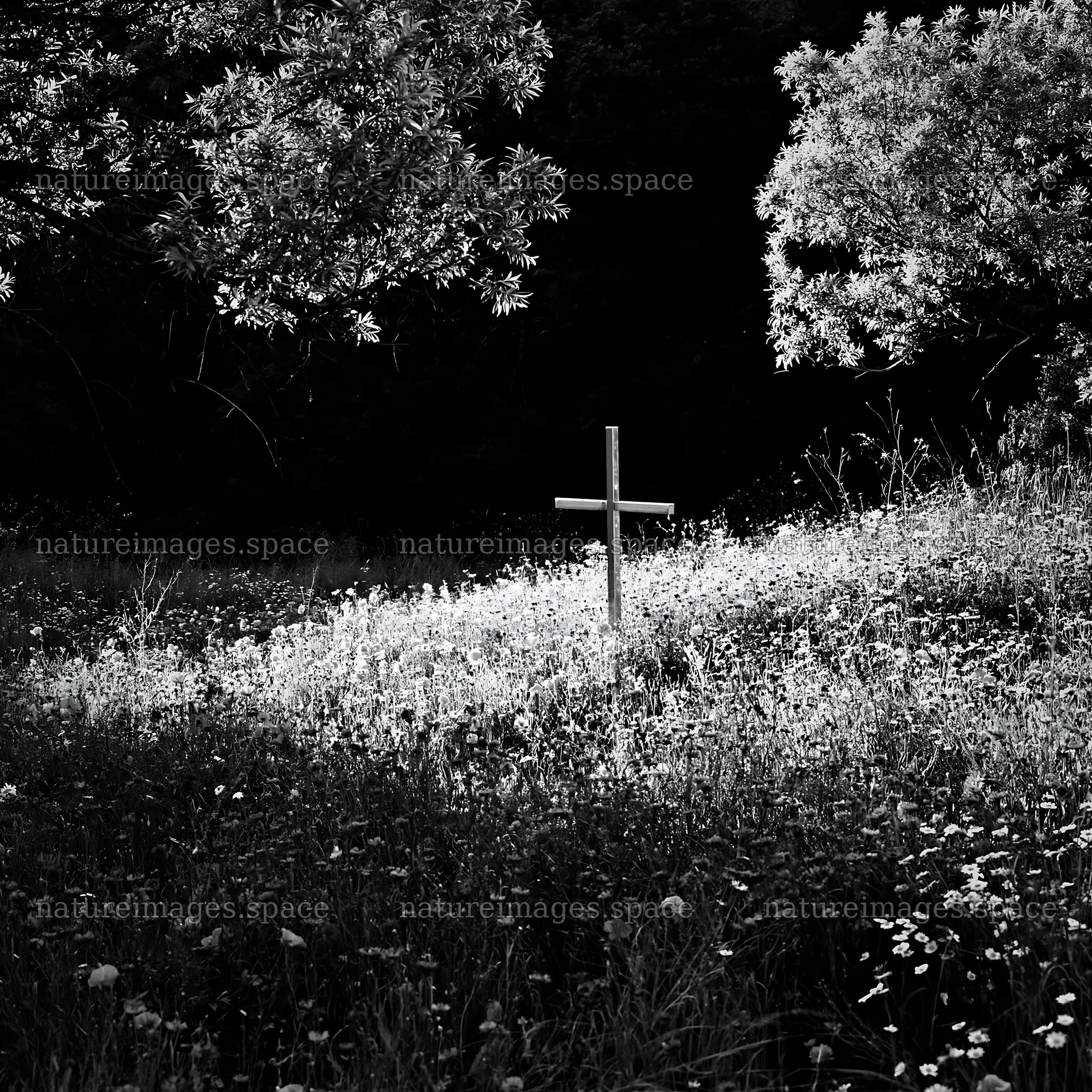 Cross in a meadow among wildflowers – nature images 7938x7938