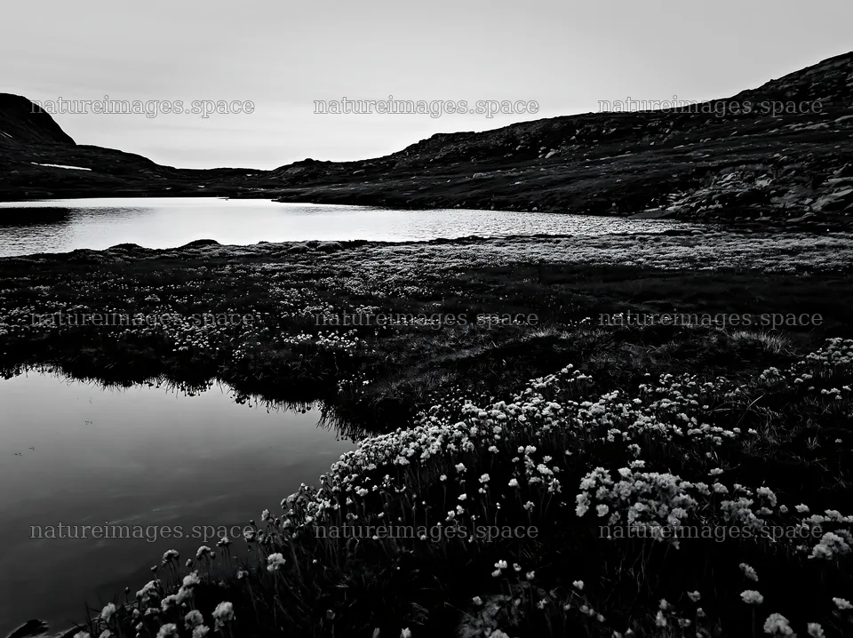 Regenerative meadow with flowers by a water body at dusk – nature images 9174x6866