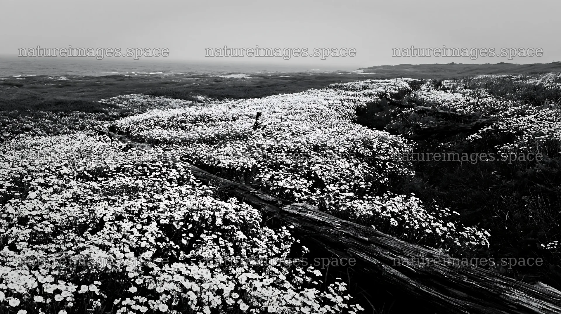 Ishikawa coastal meadow with storm washed driftwood and flowers – nature images 10608x5938
