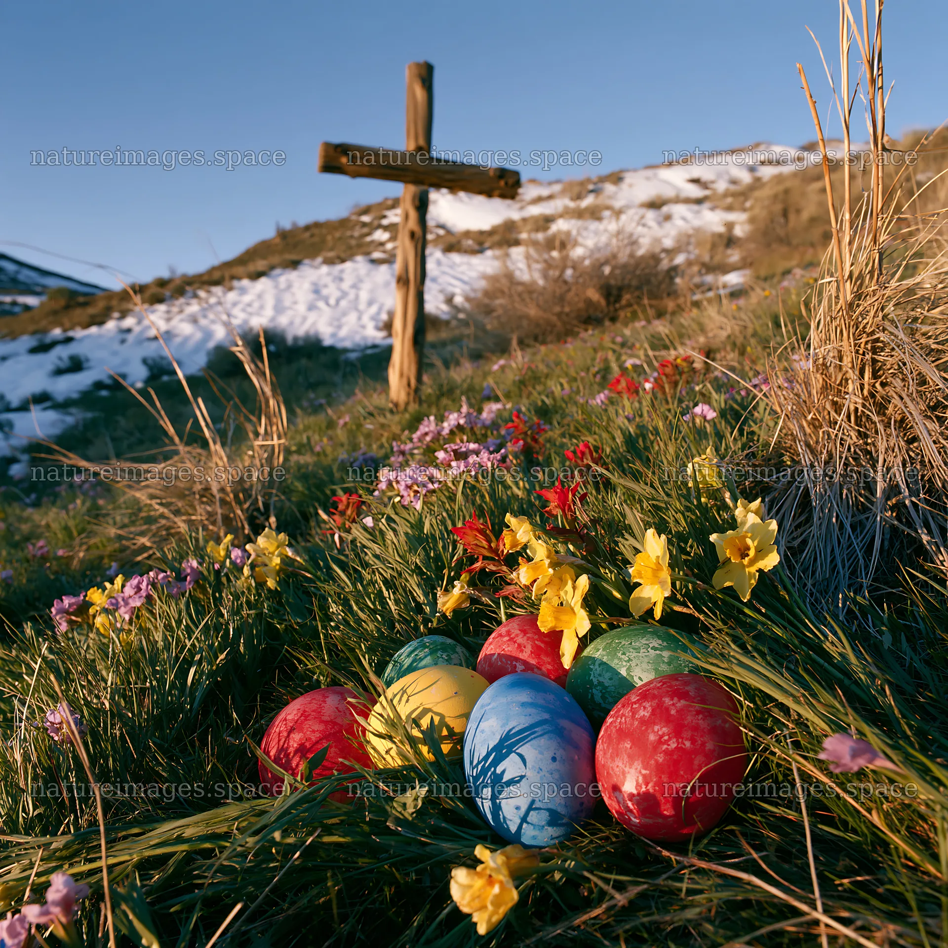 Weathered Christian cross near colorful eggs in snowy meadow – nature images 7938x7938