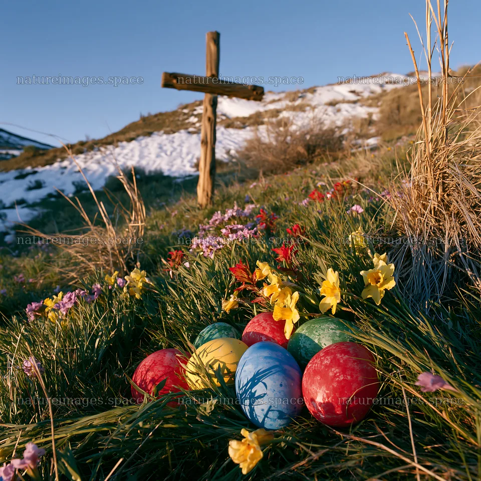 Weathered Christian cross near colorful eggs in snowy meadow – nature images 7938x7938