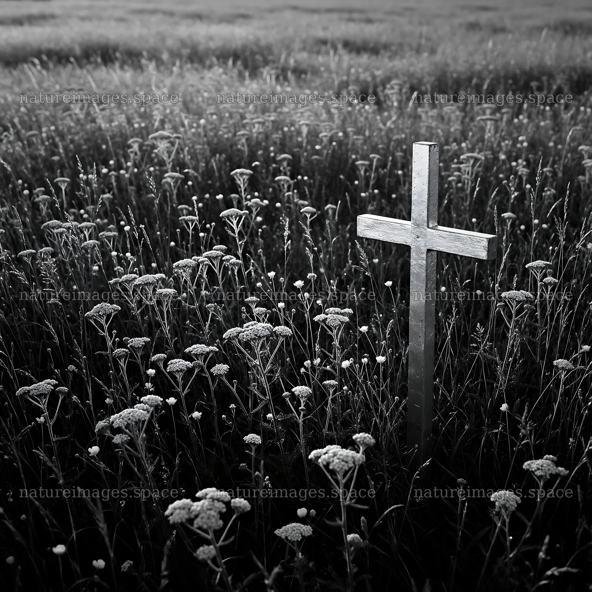 Golden Christian cross in sunset meadow – nature images 7938x7938