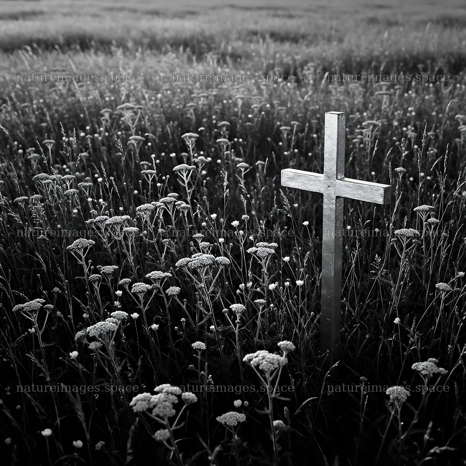 Golden Christian cross in sunset meadow – nature images 7938x7938