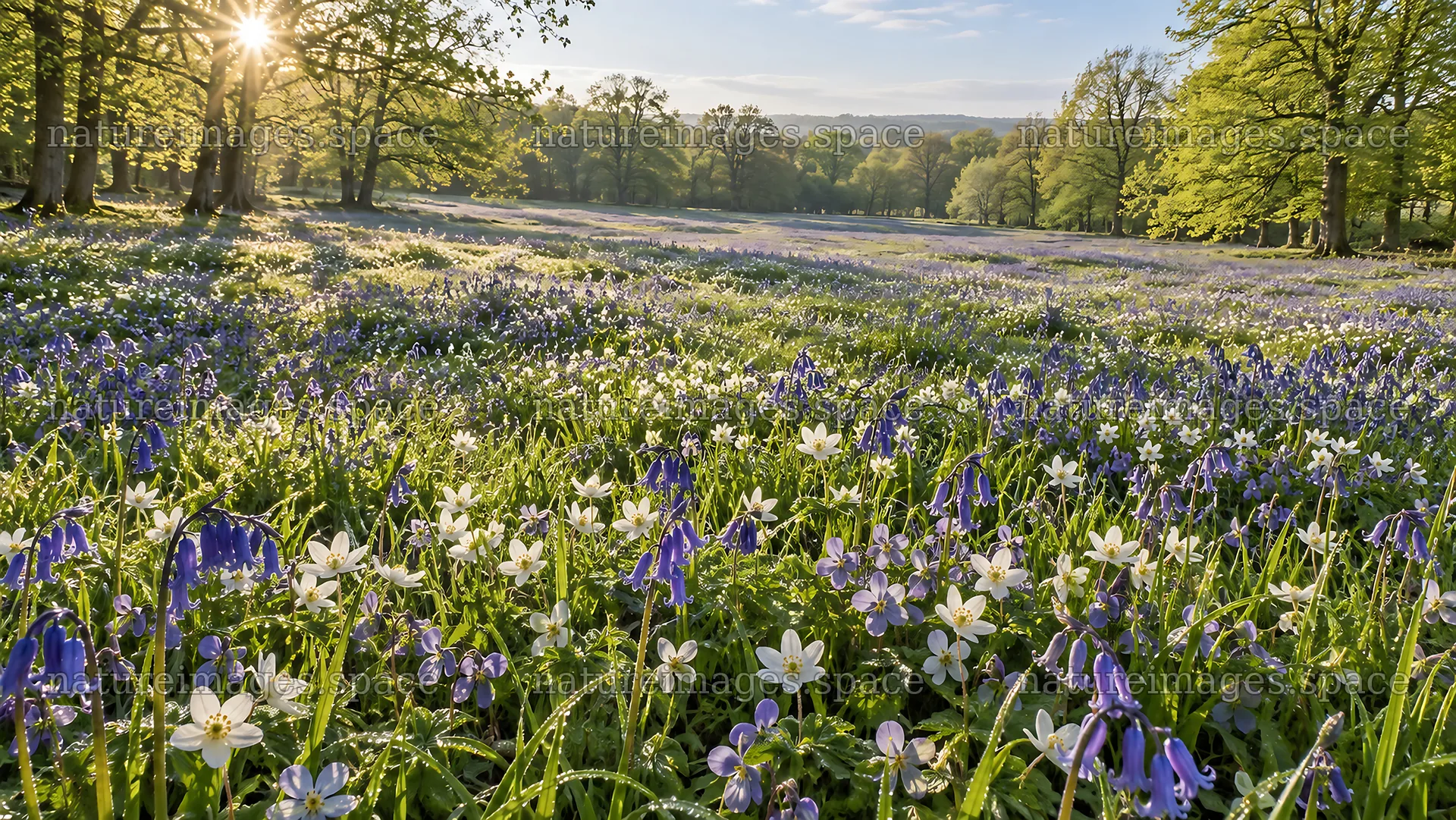 Sunlit Wildflower Meadow in a Forest Clearing – nature images 10324x5812