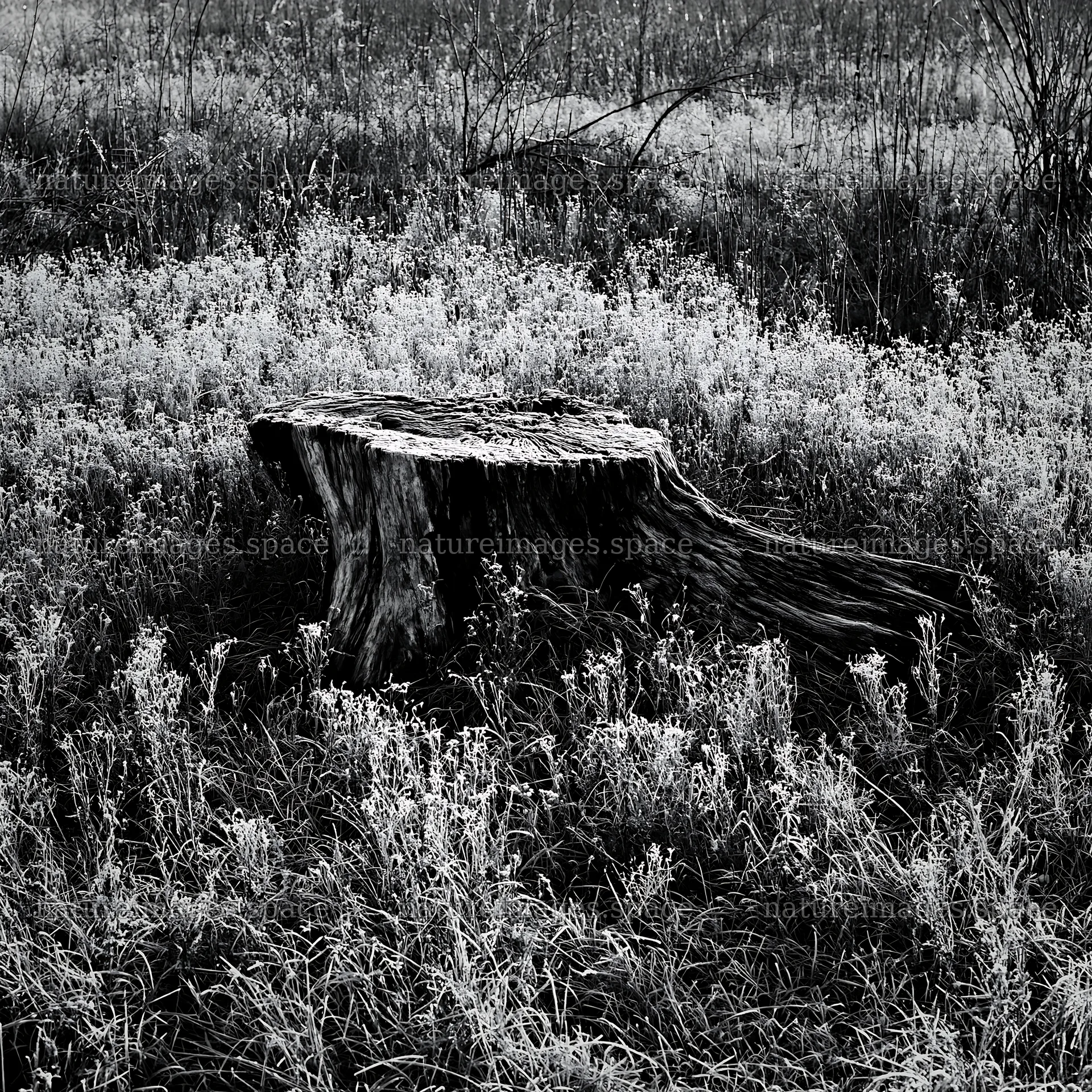 Fukushima native meadow with weathered stump – nature images 7938x7938