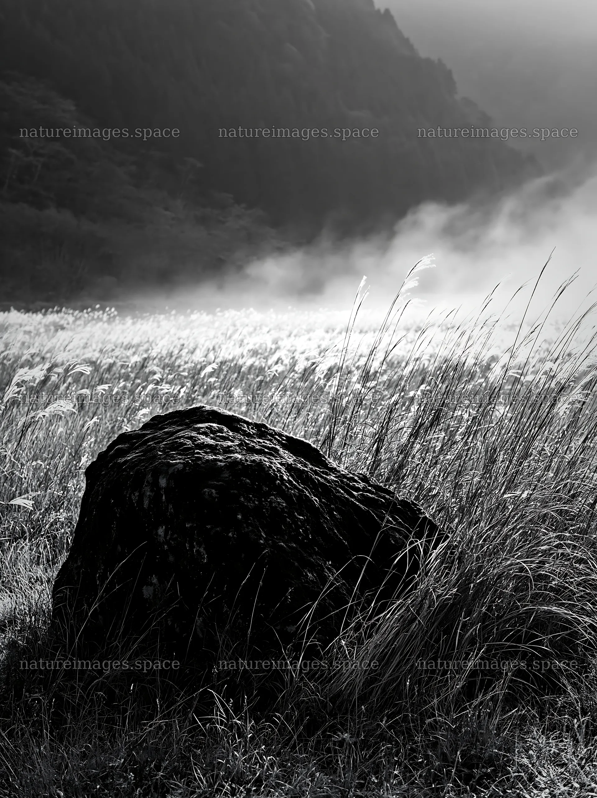 Shimane misty meadow moss covered stone in foggy landscape – nature images 6866x9174